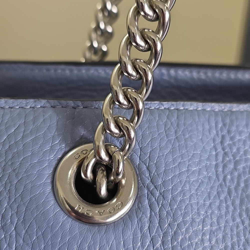 COACH C1566 Periwinkle Blue Pebbled Leather Marlie Tote Silver Chain Strap EUC - Picture 8 of 17